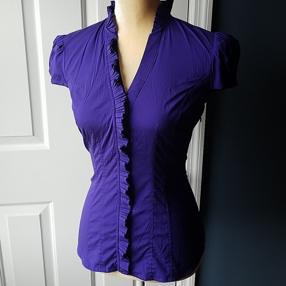 Express Dark Purple Cap-Sleeve Blouse - Picture 1 of 6
